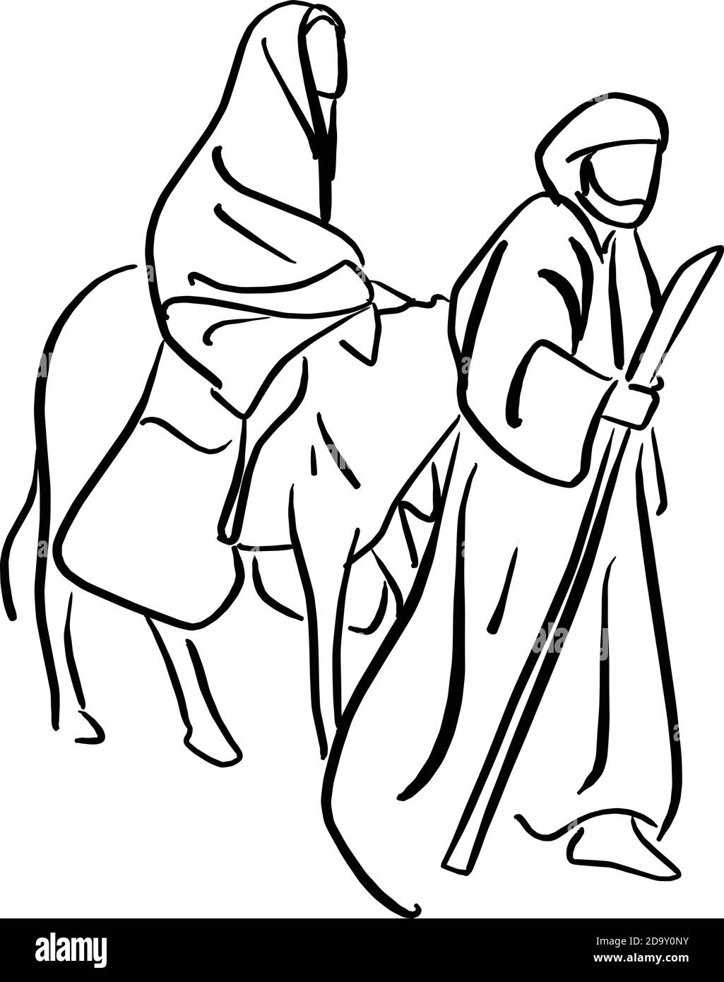 Mary and Joseph in the dessert with a donkey on Christmas Eve searching for a place to stay vector illustration sketch doodle hand drawn with black li Stock Vector