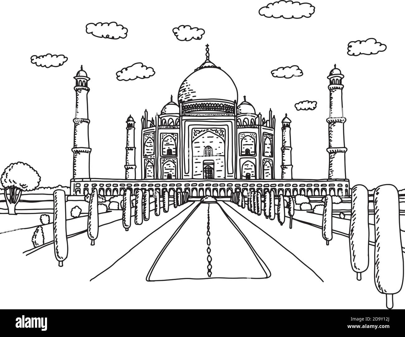 Taj mahal landmark vector illustration sketch doodle hand drawn with black lines isolated on white background Stock Vector