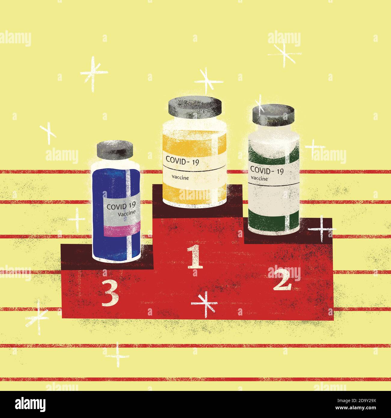 Race for a coronavirus Covid-19 vaccine. Health competition concept illustration like an Olympic podium. Stock Photo