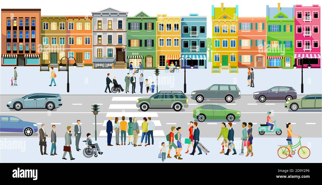 City with road traffic, apartment buildings and pedestrians on the sidewalk, illustration Stock Vector