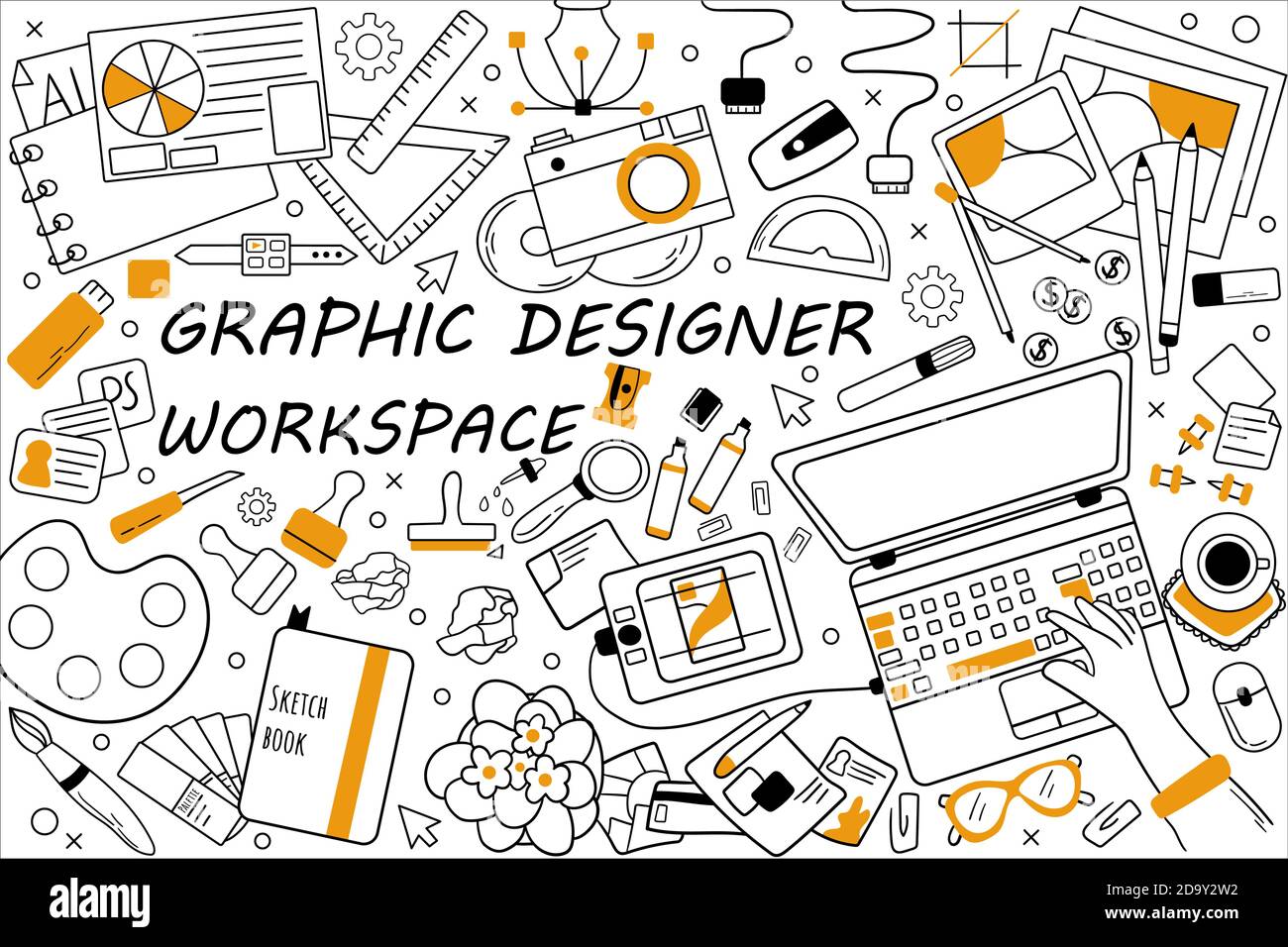 Graphic designer workspace doodle set Stock Vector