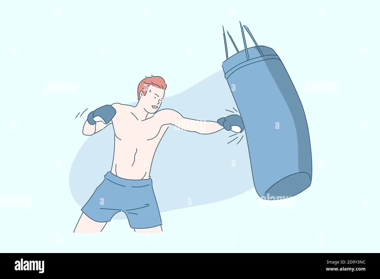 Boxing, sports training, sportsman with boxing bag concept Stock Vector