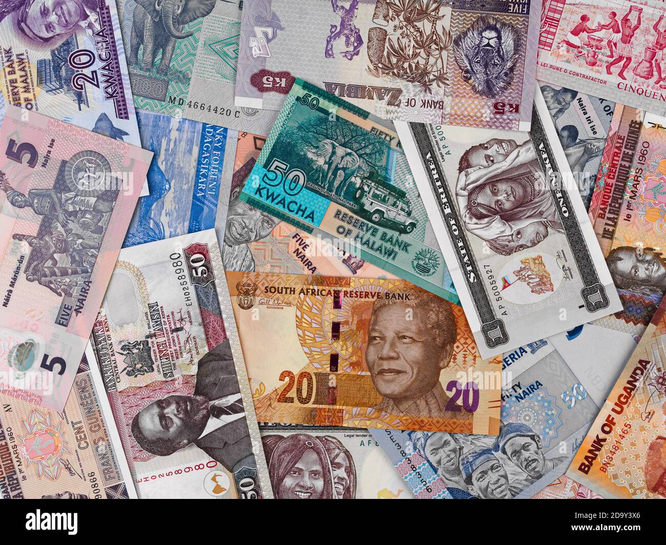 Africa money, heap of various african banknotes, currency background ...