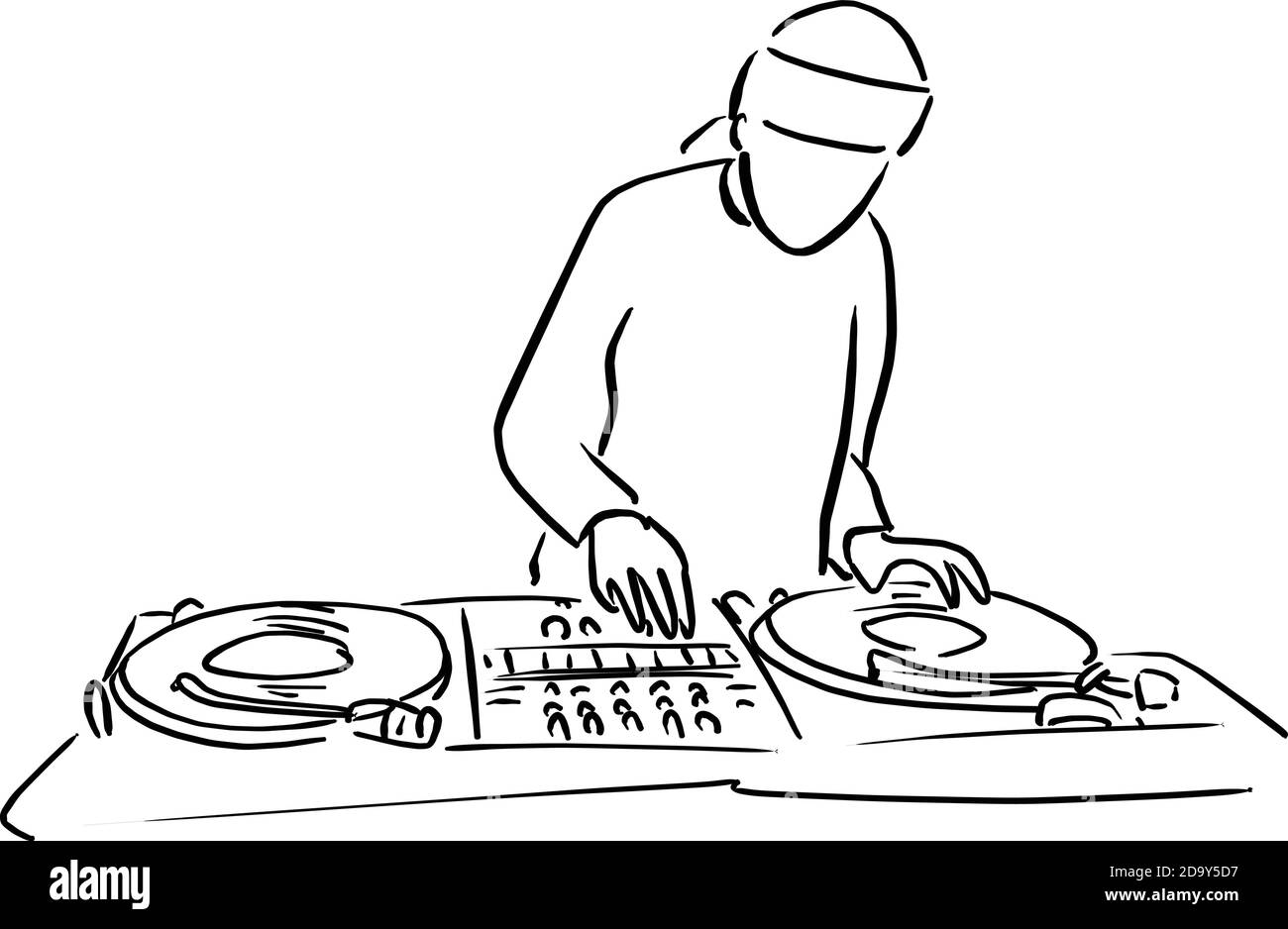 Disc jockey with the turntable dj plays scratching vinyl records and mix music tracks vector illustration sketch doodle hand drawn with black lines is Stock Vector