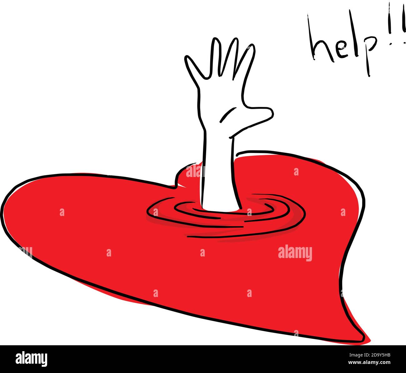 drowning victim in red heart vector illustration sketch doodle hand drawn with black lines isolated on white background. Stock Vector
