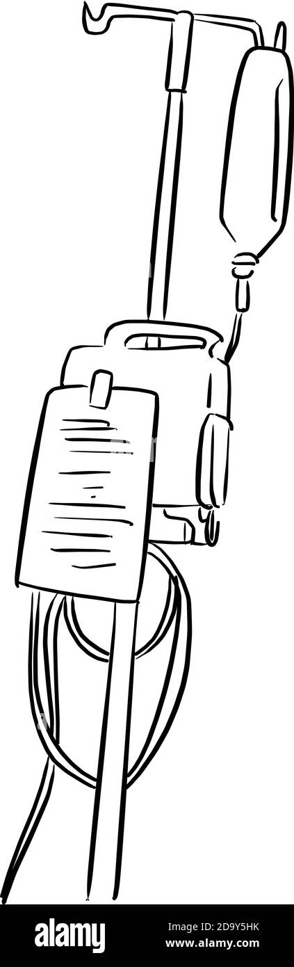 Saline solution bag hanging on pole vector illustration sketch doodle hand drawn with black lines isolated on white background Stock Vector