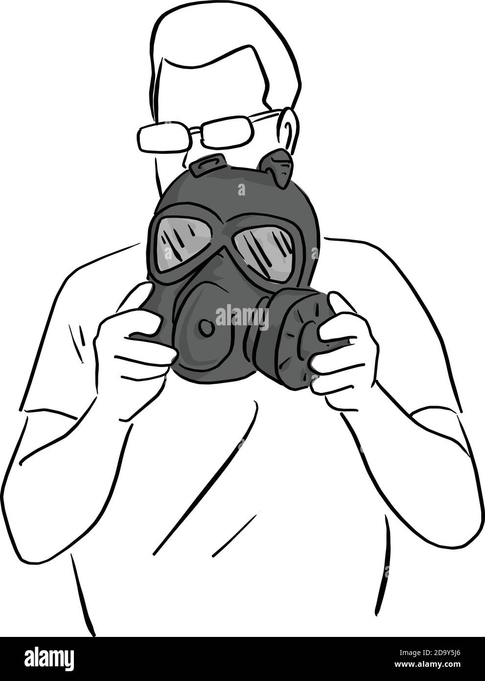 man holding dark gas mask vector illustration sketch doodle hand drawn with black lines isolated on white background Stock Vector