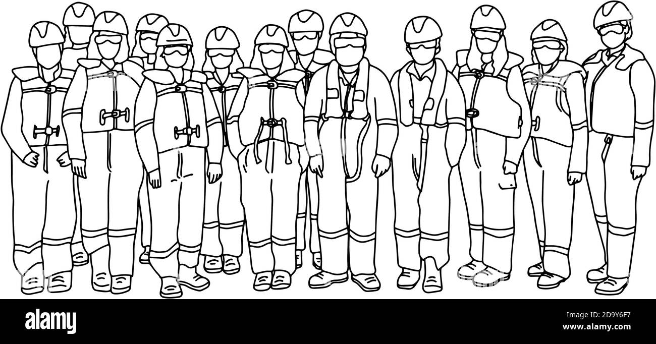 team of workers man and woman in protective suits vector illustration sketch doodle hand drawn with black lines isolated on white background Stock Vector