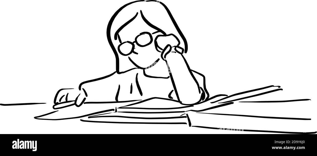little girl with glasses doing homeworks on table vector illustration sketch doodle hand drawn with black lines isolated on white background Stock Vector