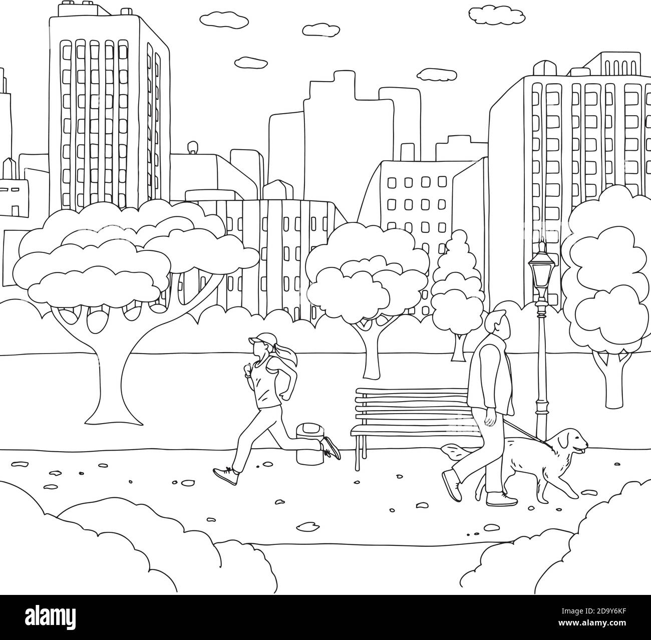 woman jogging and man walk with dog in the park vector illustration sketch doodle hand drawn with black lines Stock Vector
