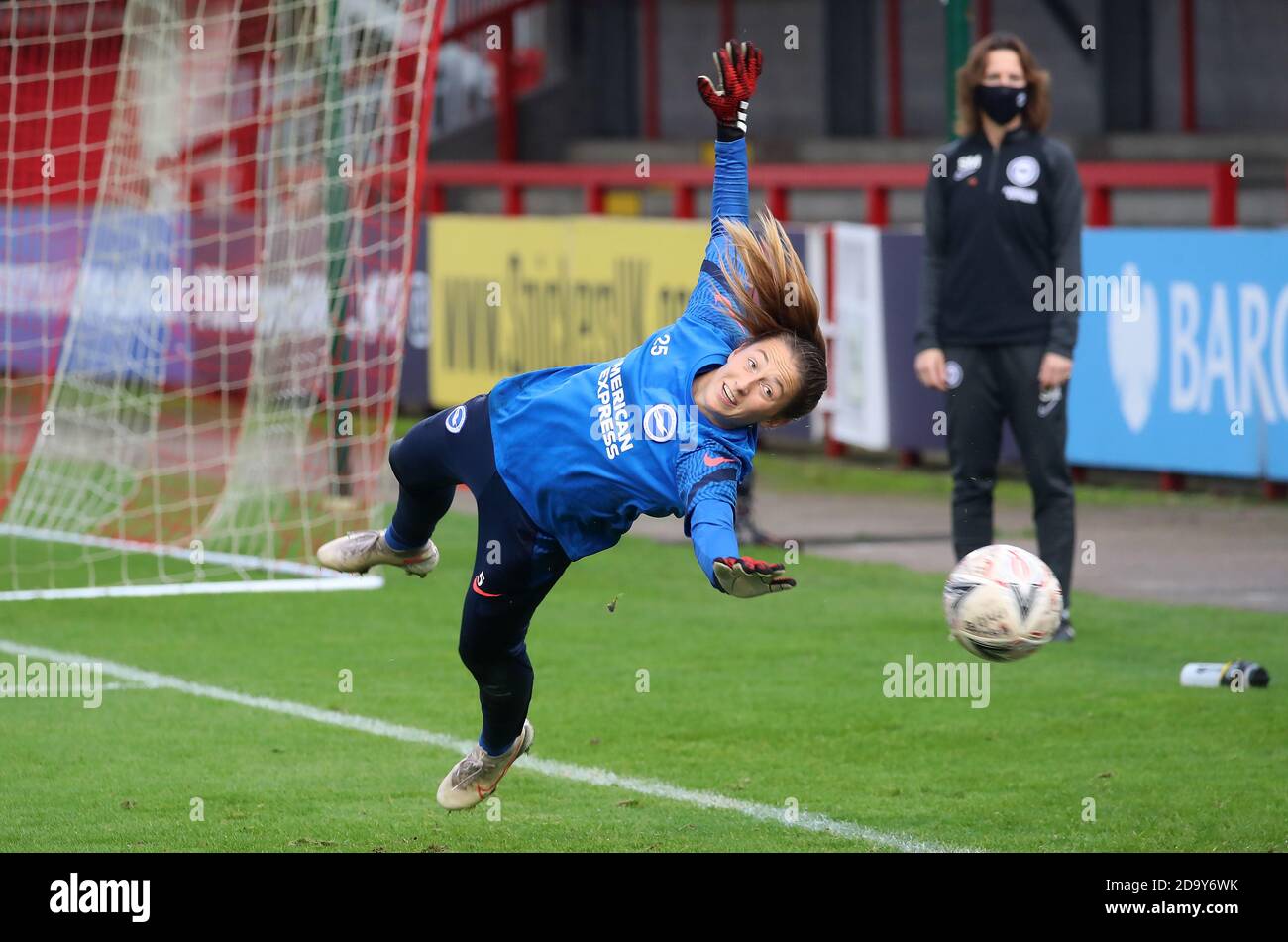 Brighton and Hove Albion goalkeeper Cecilie Fiskerstrand warming up before the FA Women's Super League match at the People's Pension Stadium, Crawley. Stock Photo