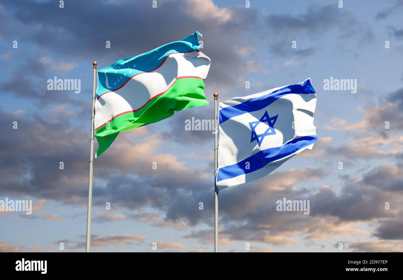 Beautiful national state flags of Uzbekistan and Israel together at the ...