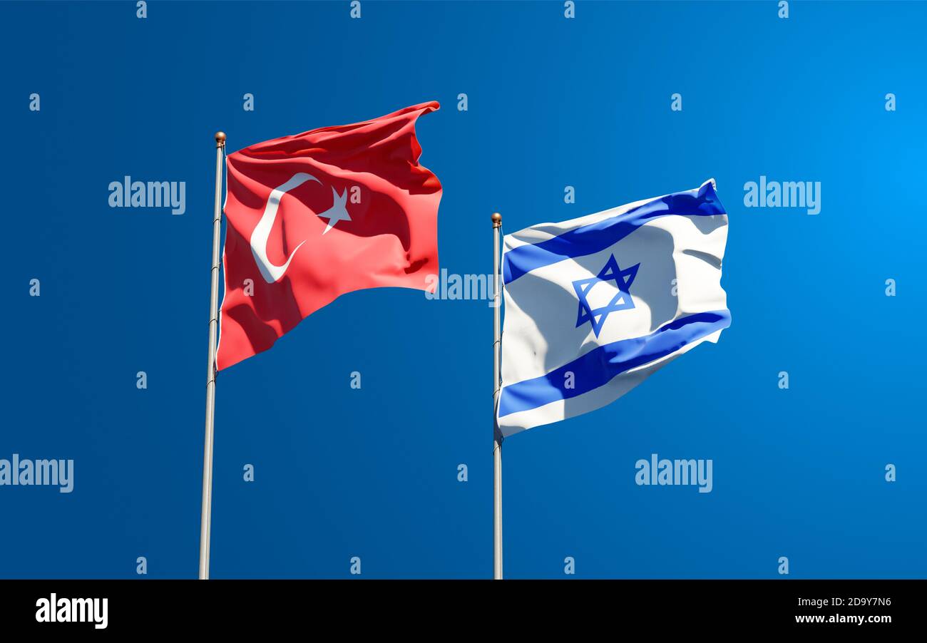 Beautiful national state flags of Turkey and Israel together at the sky background. 3D artwork concept. Stock Photo