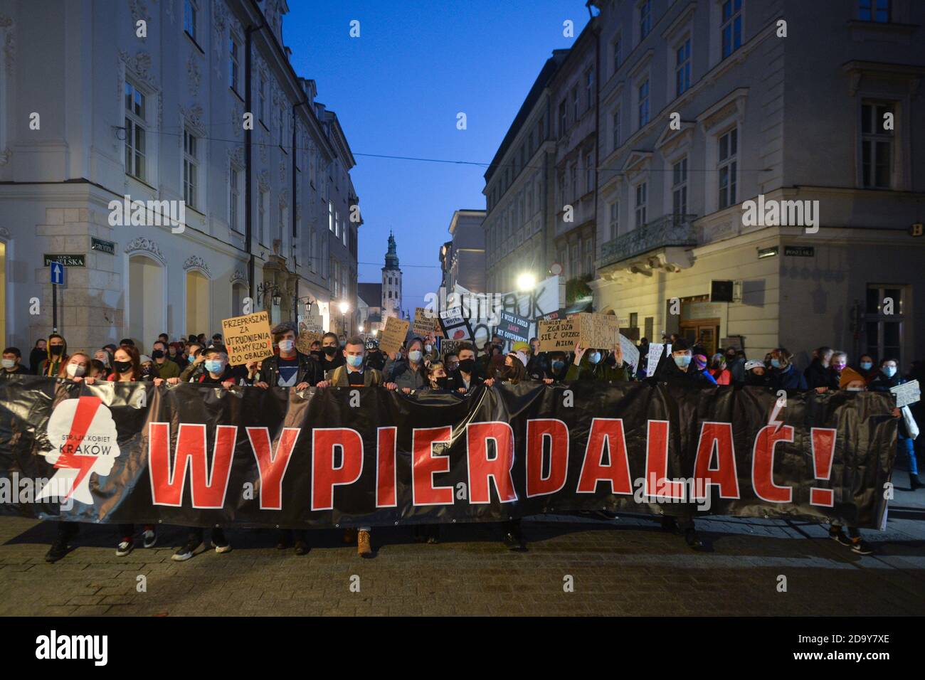 Krakow, Poland. 7 November, 2020.  Pro-Choice activists during another day of protests in Krakow's Old Town. Pro-Choice and women's rights activists and their supporters organised on Saturday evening another anti-government protest in Krakow to express their anger at the Supreme Court ruling in relation to abortion laws.. Credit: ASWphoto/Alamy Live News Stock Photo