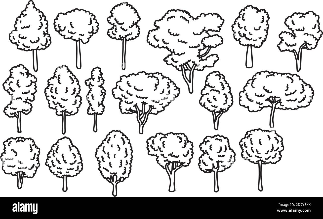 various kinds of tree set vector illustration sketch doodle hand drawn with black lines isolated on white background Stock Vector