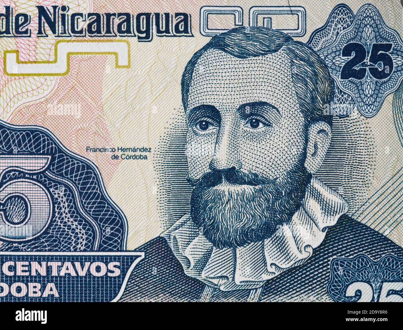 Francisco Hernandez de Cordoba face on 25 centavos banknote close up macro, founder of Nicaragua, money closeup Stock Photo