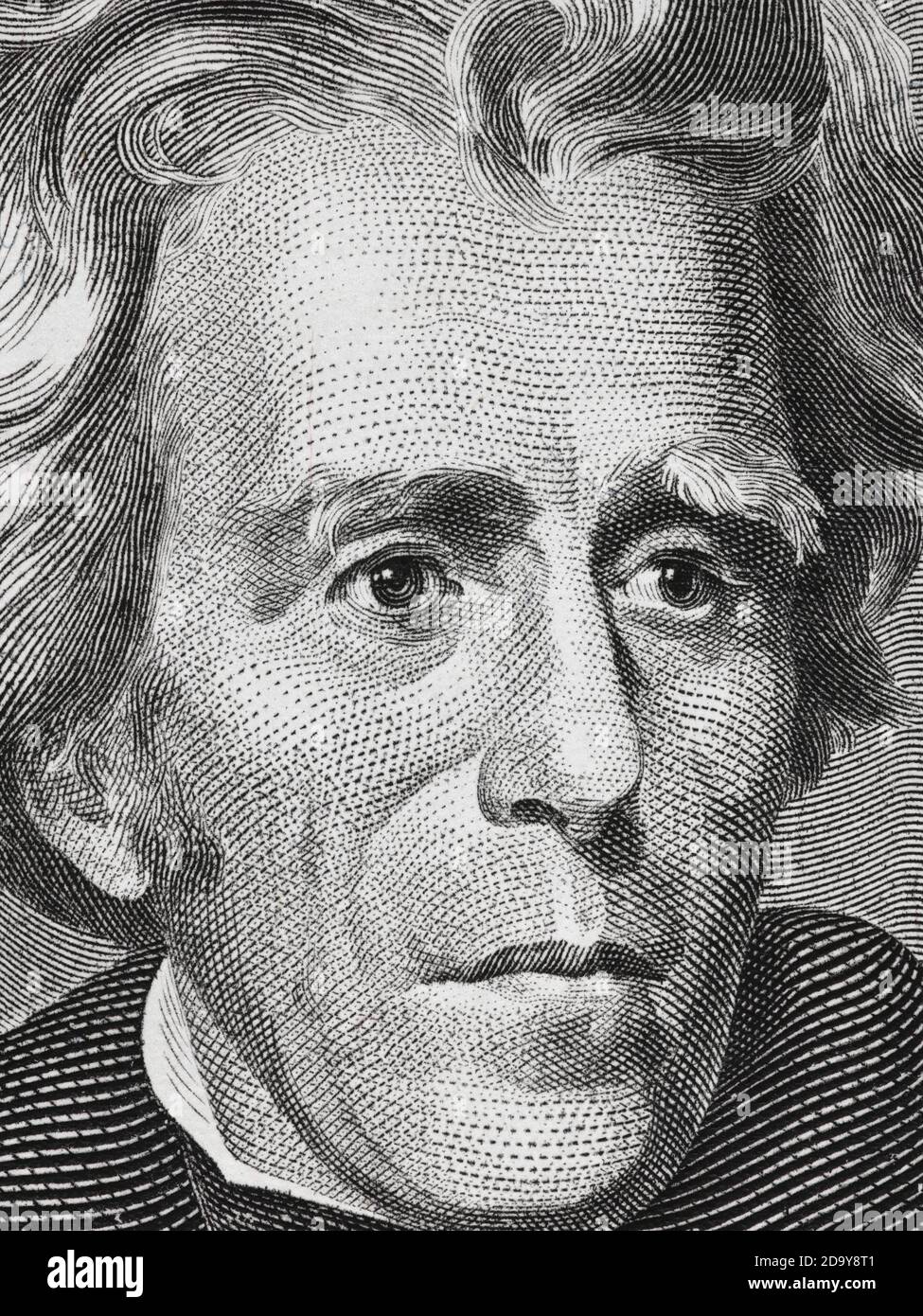Andrew Jackson face on twenty dollar bill close up macro, 20 usd
