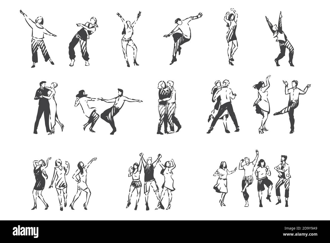 People dancing to music concept sketch. Hand drawn isolated vector Stock Vector