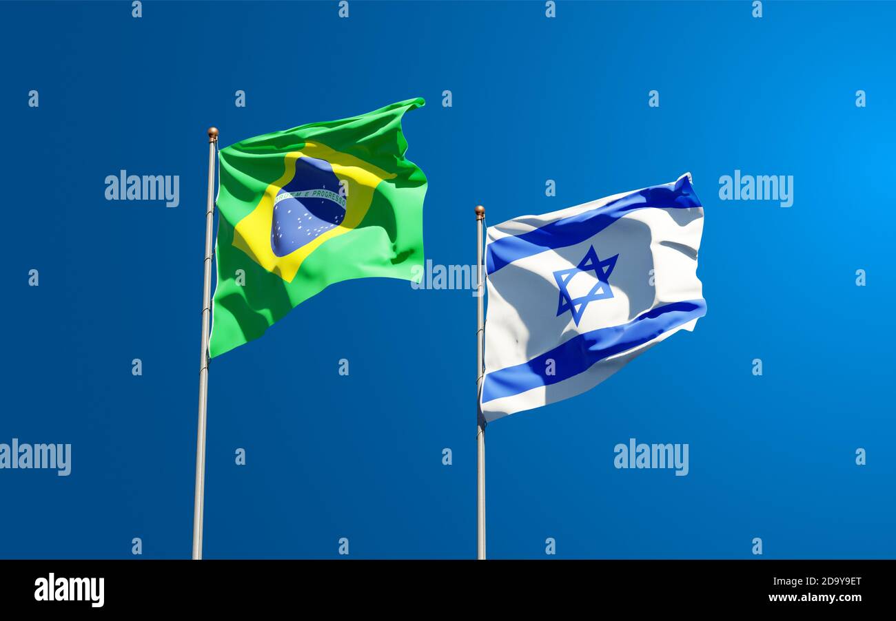 Beautiful national state flags of Israel and Brasil together at the sky ...