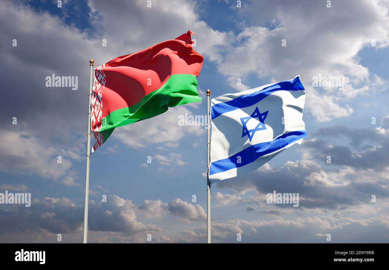 Beautiful national state flags of Israel and Belarus together at the ...