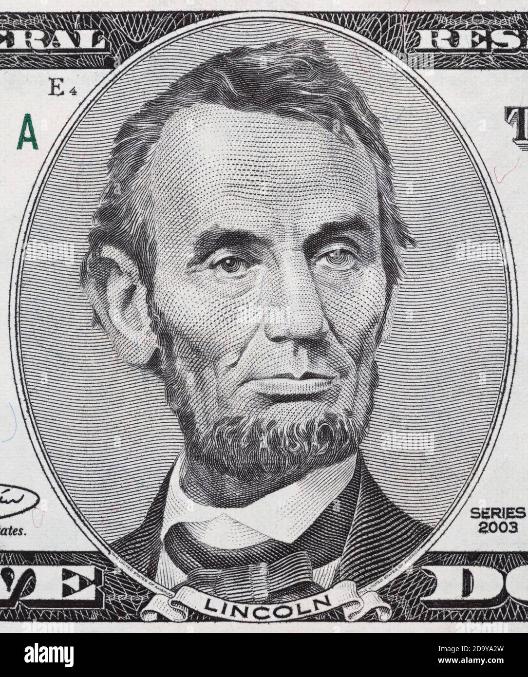Abraham Lincoln face on us five dollar bill macro, 5 usd, united states money closeup Stock Photo
