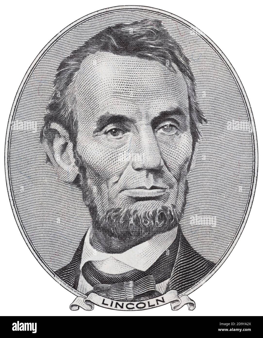 President Abraham Lincoln on us five dollar bill macro isolated, 5 usd, united states money closeup Stock Photo