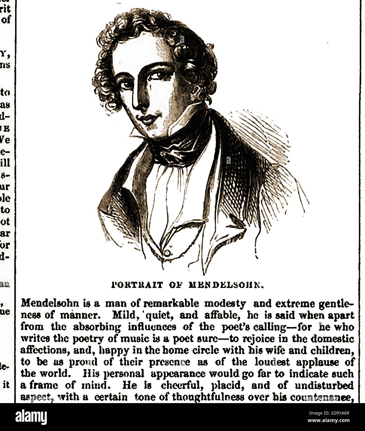 1842  A Portrait and contemporary description of the personality and character of composer Felix Mendelsohn.  --  Fully named Jakob Ludwig Felix Mendelssohn Bartholdy, he was a  German composer, pianist, organist and conductor of the early Romantic period. His  compositions included symphonies, concertos,  organ music, piano music, and chamber music. Stock Photo