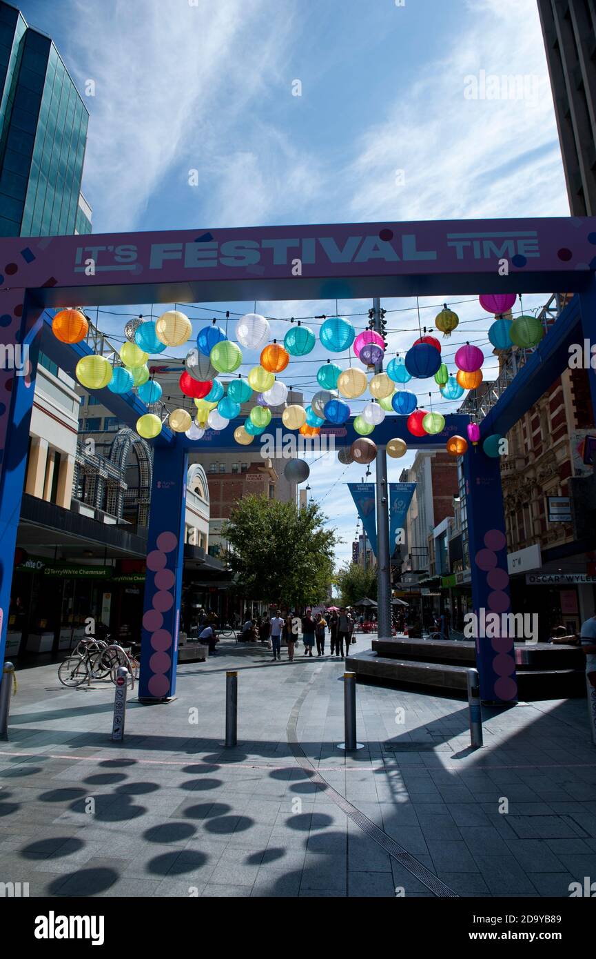 Pink temporary entrance to Rundle Mall for the Adelaide Fringe, Rundle Mall, Adelaide, South Australia Stock Photo