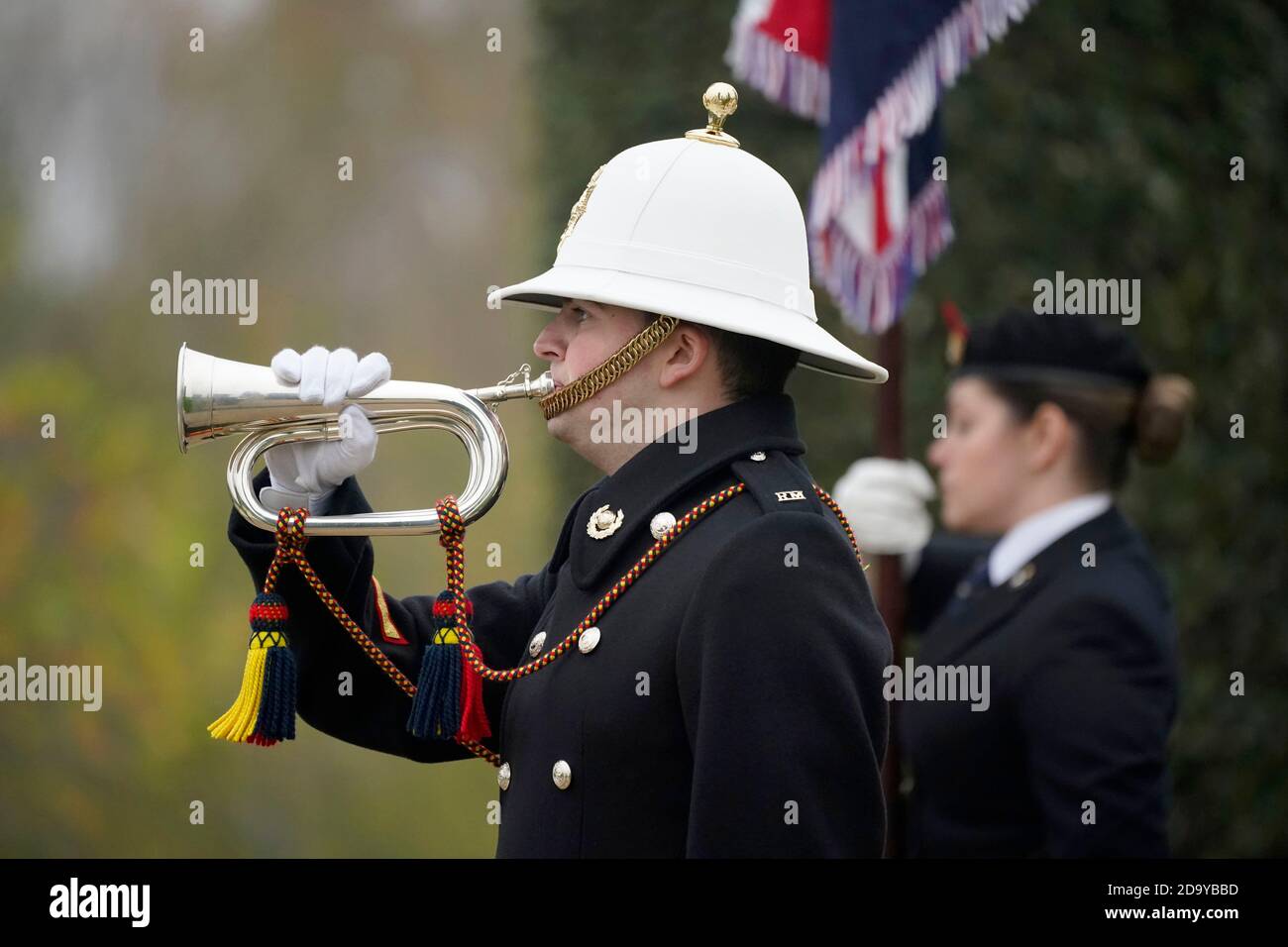 A Bugler from HM Royal Marines Band Service plays the Last Post at the  National Memorial Arboretum in Alrewas, Staffordshire, to observe the  'virtual' Act of Remembrance from the Armed Forces Memorial