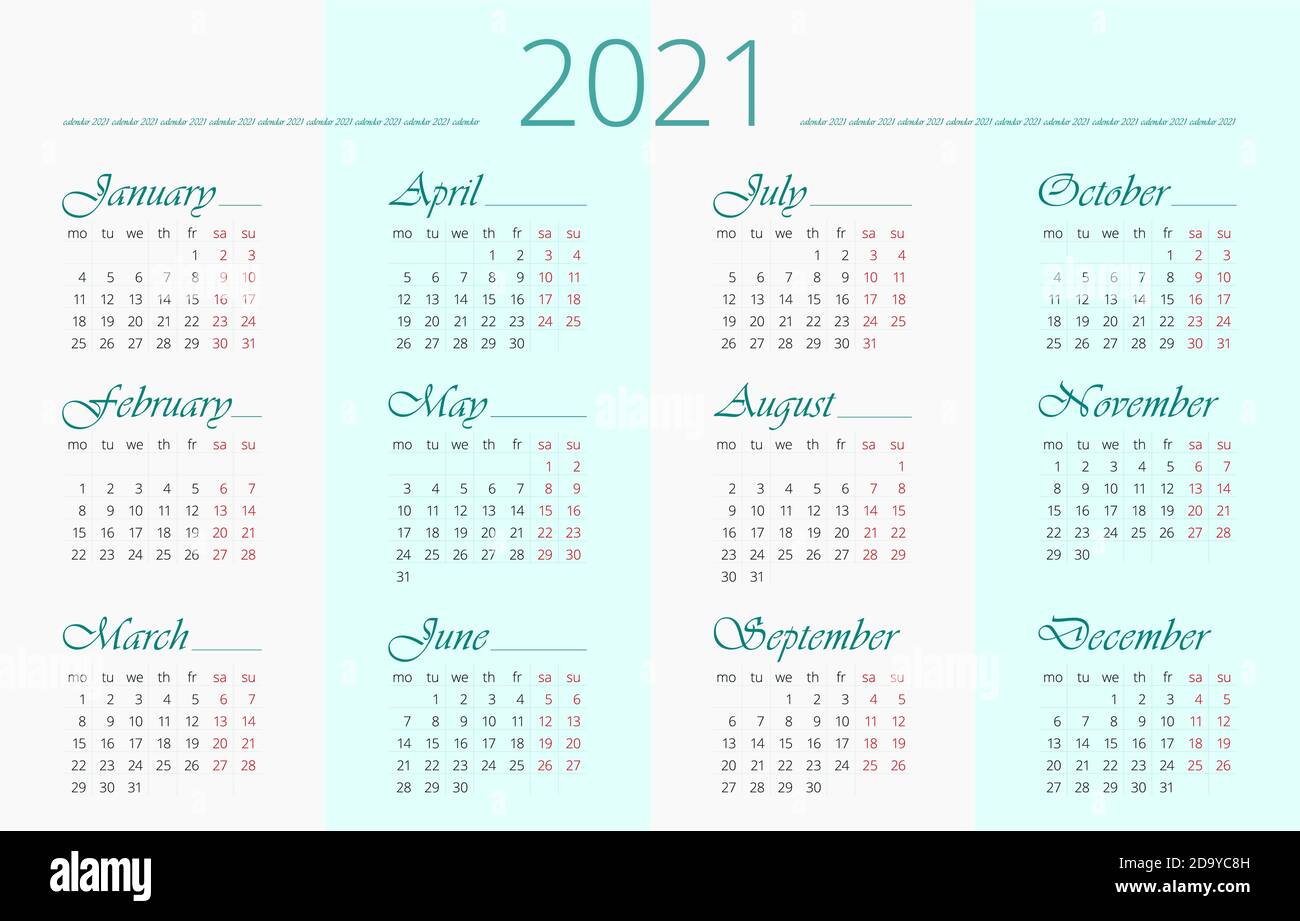 2021 Calendar template. 12 months, English. Horizontal simple and clean design Stock Vector