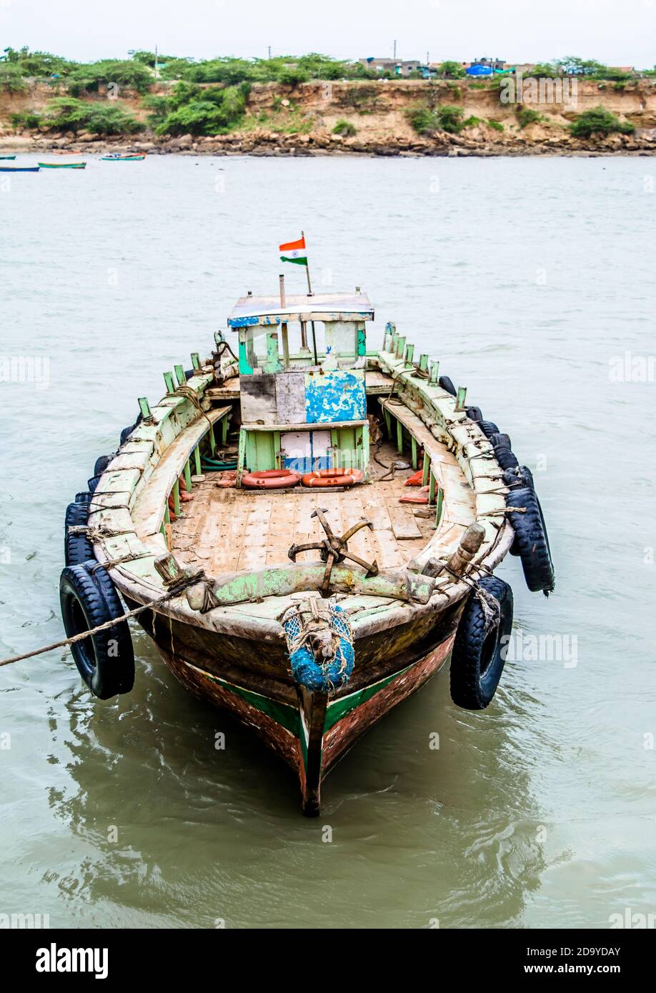 ferry boats sail on the sea from okha to dwarkadhish temple Gujarat India Stock Photo
