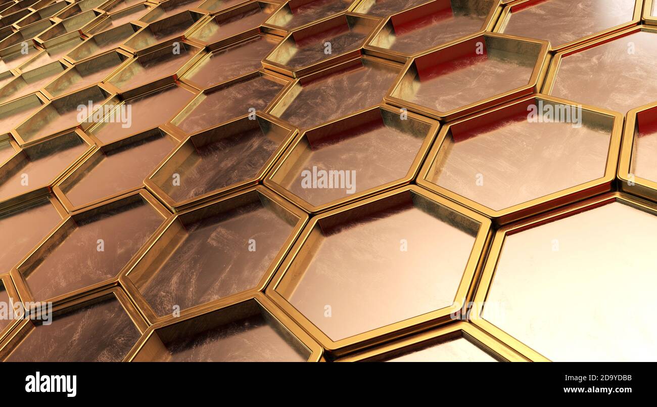 gold and silver metal hexagon background,3d render illustration Stock