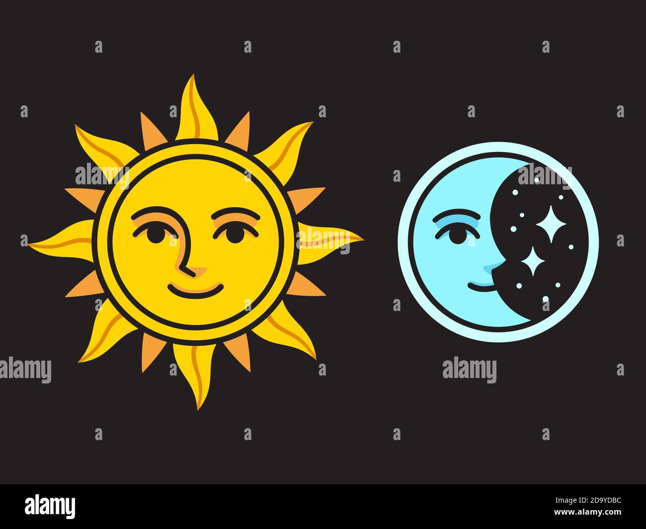 Cartoon Sun And Crescent Moon With Face Vintage Style Color Drawing Vector Clip Art Illustration On Black Background Stock Vector Image Art Alamy