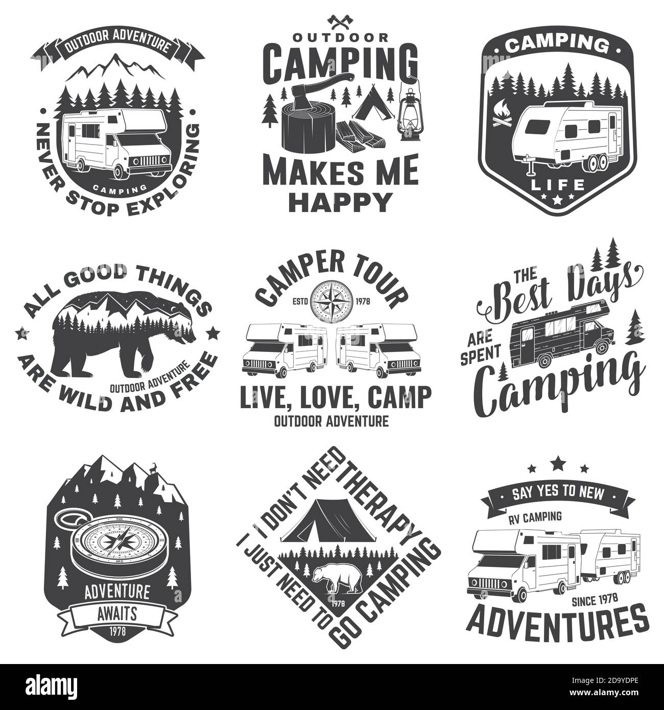 Set of camping badges, patches. Camping quote. Vector illustration. Concept for shirt or logo, print, stamp or tee. Vintage typography design with rv, motor home, camping trailer silhouette. Stock Vector
