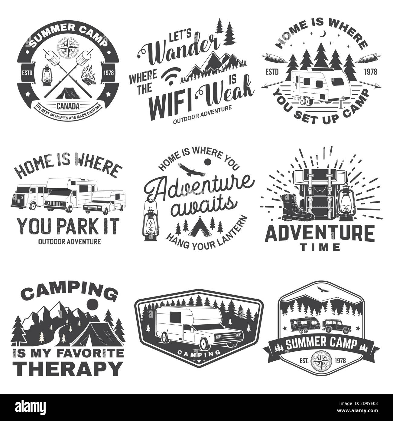 Set of camping badges, patches. Camping quote. Vector illustration