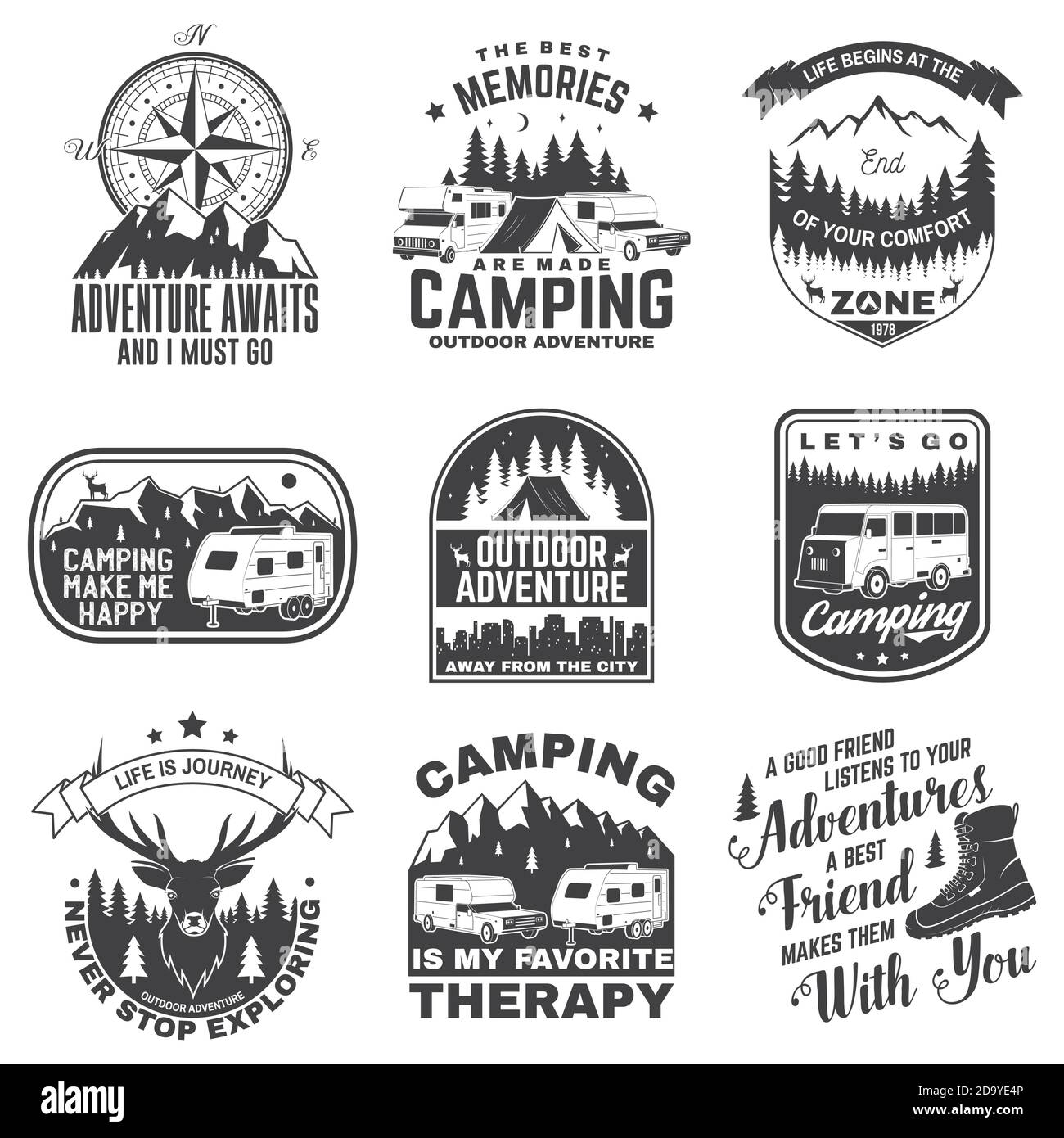 Set of camping badges, patches. Camping quote. Vector illustration. Concept for shirt or logo, print, stamp or tee. Vintage typography design with rv, motor home, camping trailer silhouette. Stock Vector