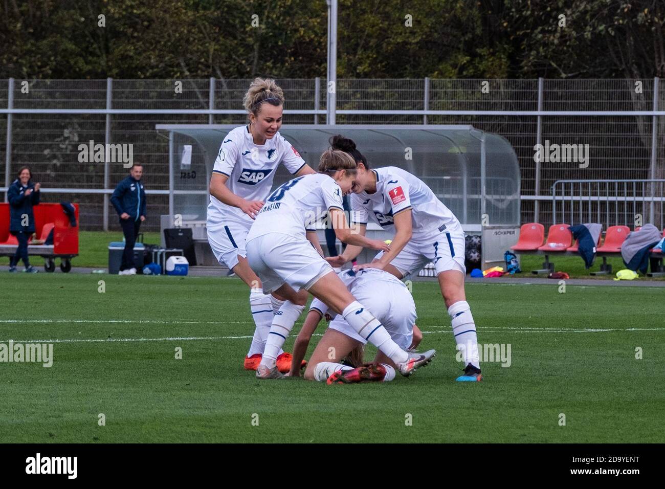 Leverkusen Germany 08th Nov 2020 Jule Brand 29 Tsg Celebrates After Scoring Her Team S First Goal With Teammates During The Frauen Bundesliga Game Between Bayer 04 Leverkusen And Tsg Hoffenheim At Leistungszentrum