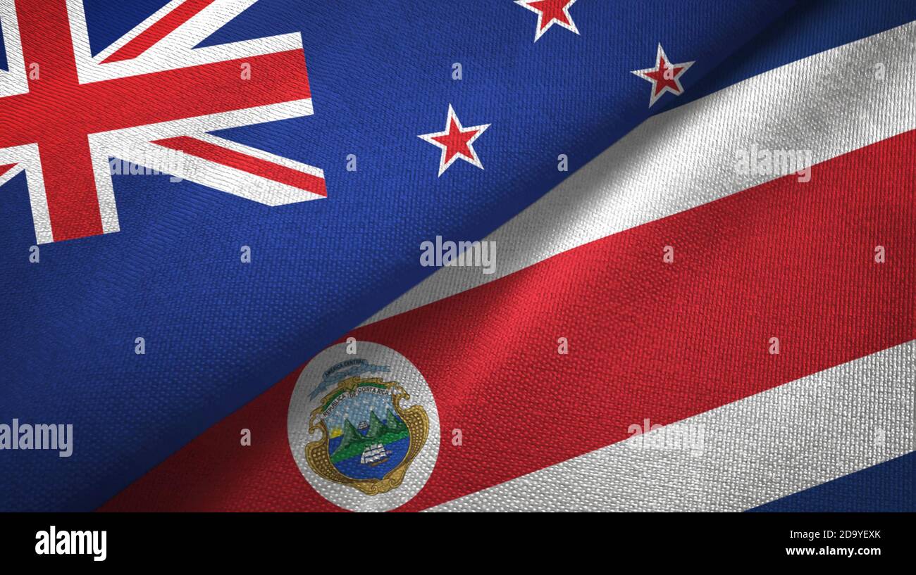 New Zealand and Costa Rica two flags textile cloth, fabric texture