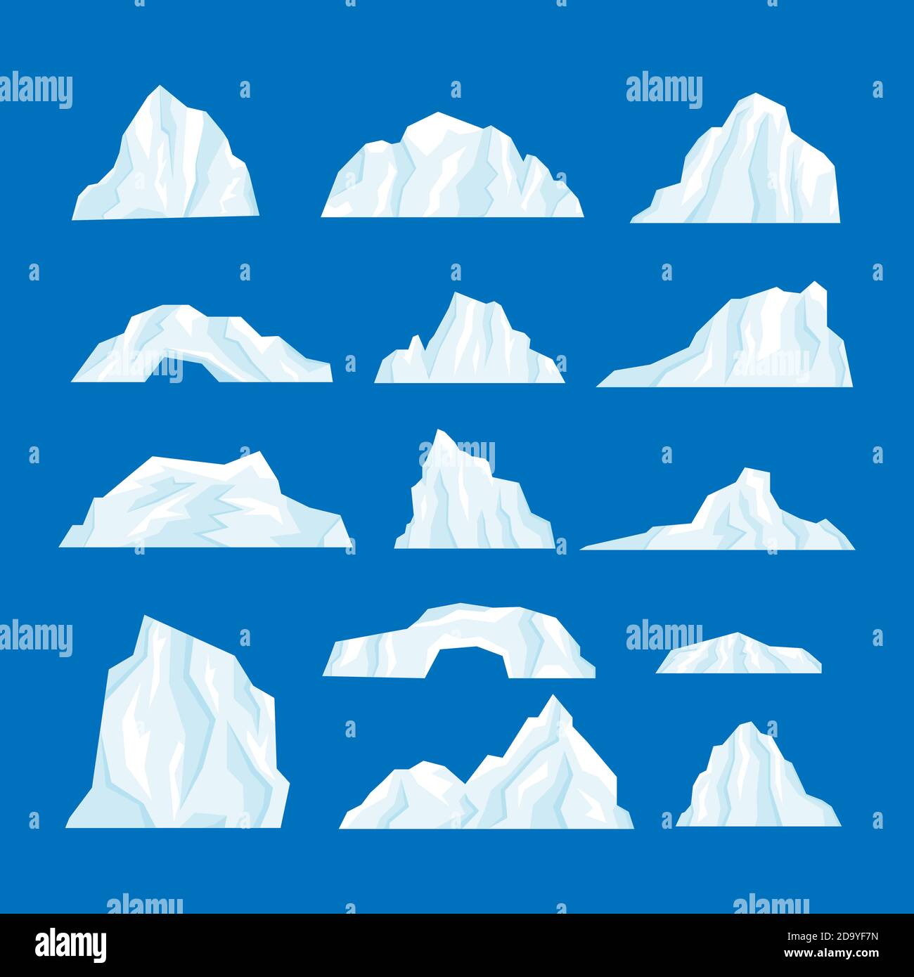 Icebergs set vector illustration isolated on white background in a cartoon flat style. Stock Vector