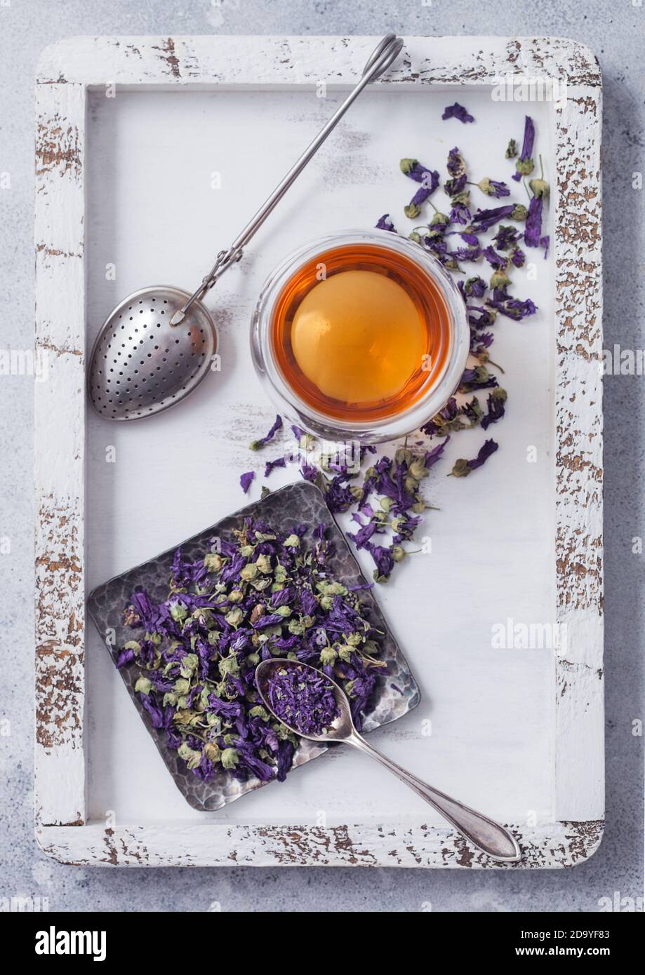 Blue Mallow Flowers Herbal Tea With Vintage Strainer Infuser In Wooden Box On White Table Background Top View Stock Photo Alamy