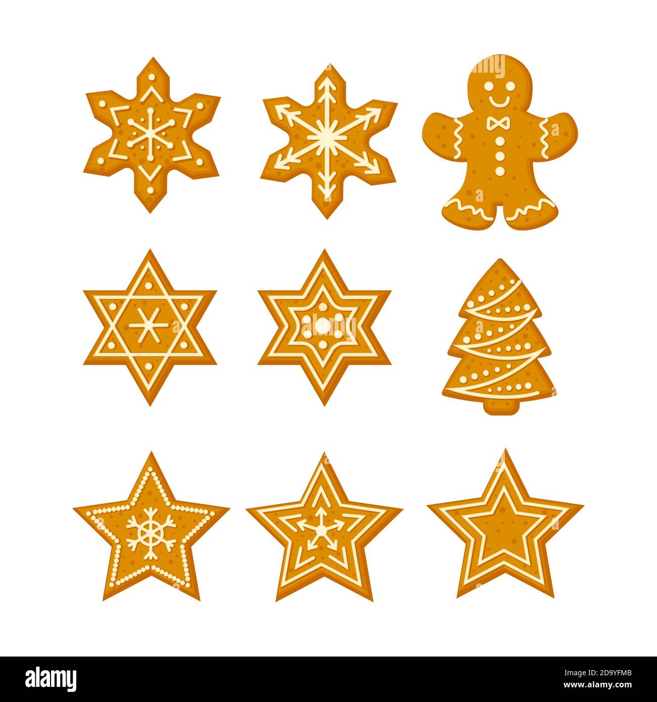 Gingerbread Christmas cookies set with stars snowflakes Christmas tree and ginger man vector Stock Vector