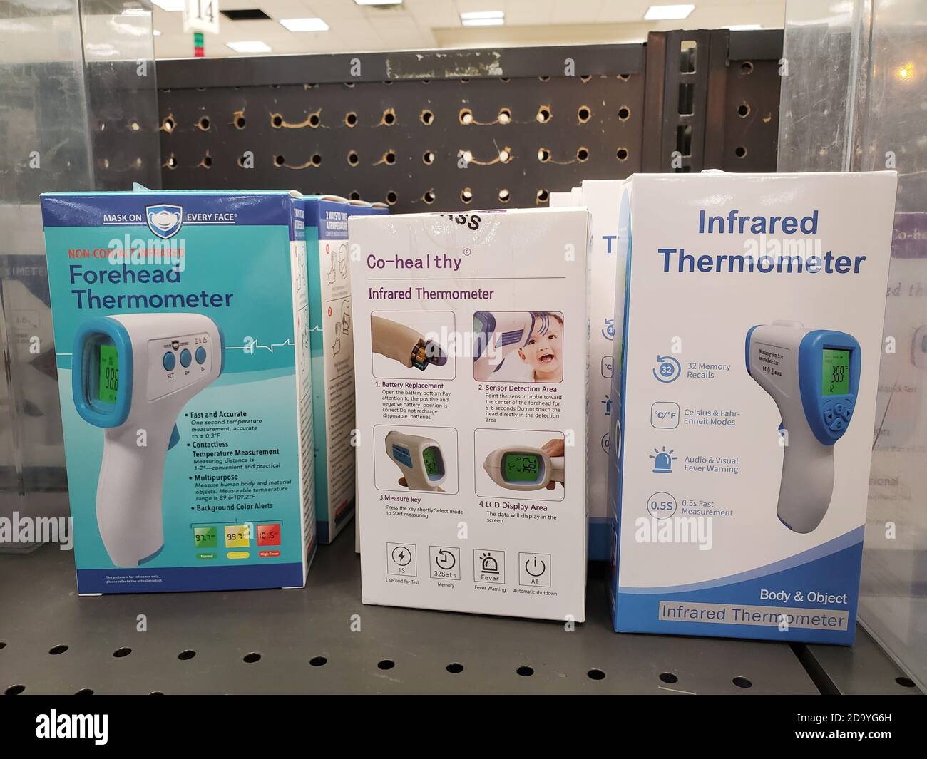 Close-up of retail display of multiple infrared noncontact thermometers, Fremont, California, October 18, 2020. () Stock Photo