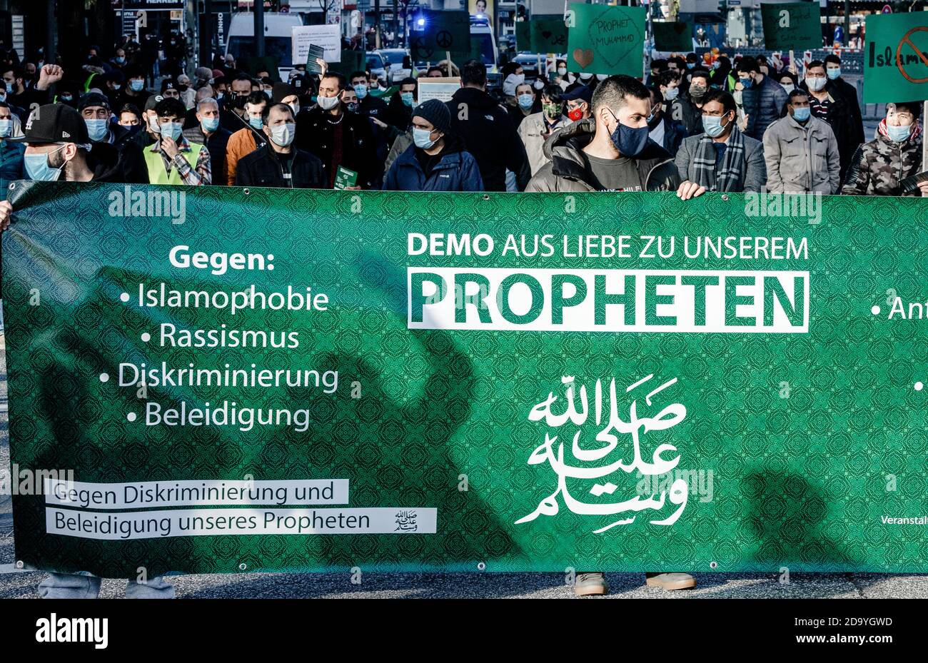 Hamburg, Germany. 08th Nov, 2020. Islamists demonstrate behind a banner with the inscription "Demo out of love for our prophet" against insults against the Islamic prophet Mohamed. Credit: Markus Scholz/dpa/Alamy Live News Stock Photo