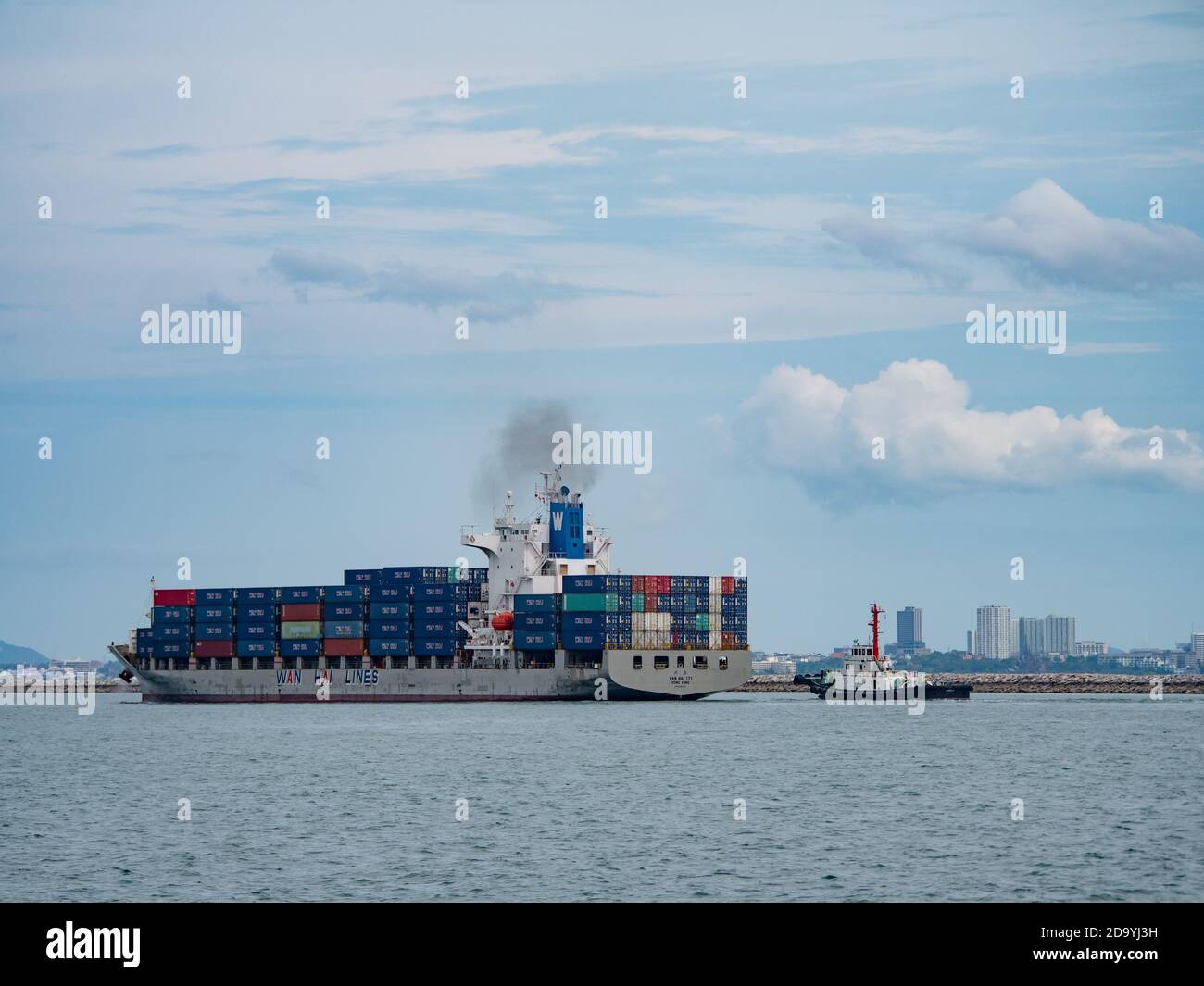 Chinese container ship Wan Hai 171 arrives at the port in Laem Chabang in Thailand. Stock Photo