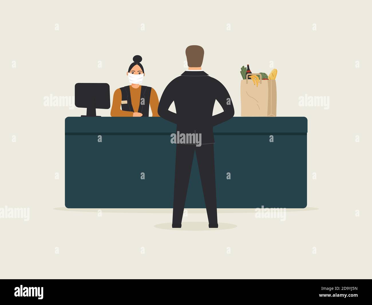 Grocery store during epidemic of virus.Cashier in protective medical mask is behind cash register serves customer businessman.Eco friendly package Stock Vector