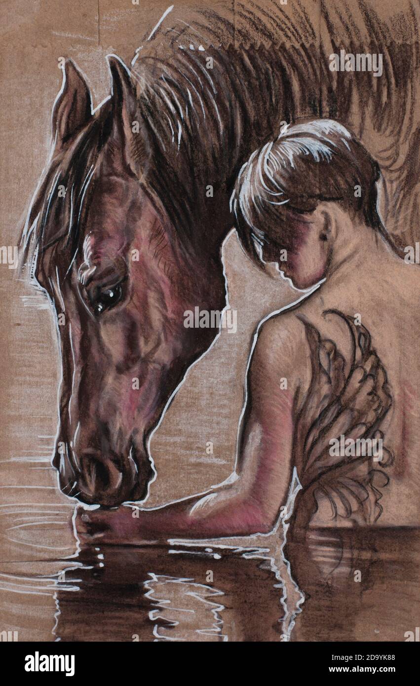 Drawing woman horse hires stock photography and images Alamy