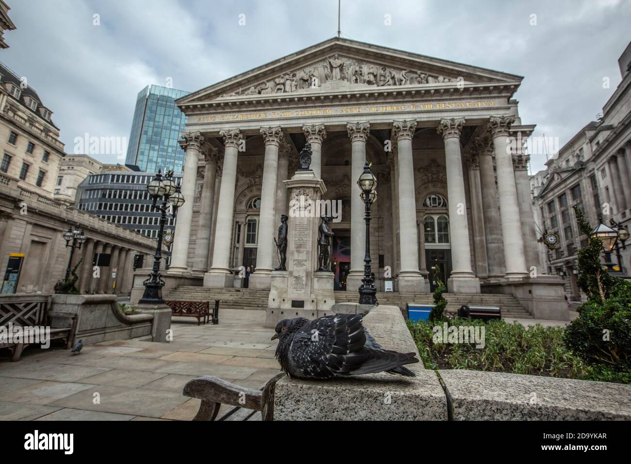 Quiet streets around Bank of England and Royal Exchange on first day of second coronavirus lockdown beginning on 5th November 2020, City of London, UK Stock Photo