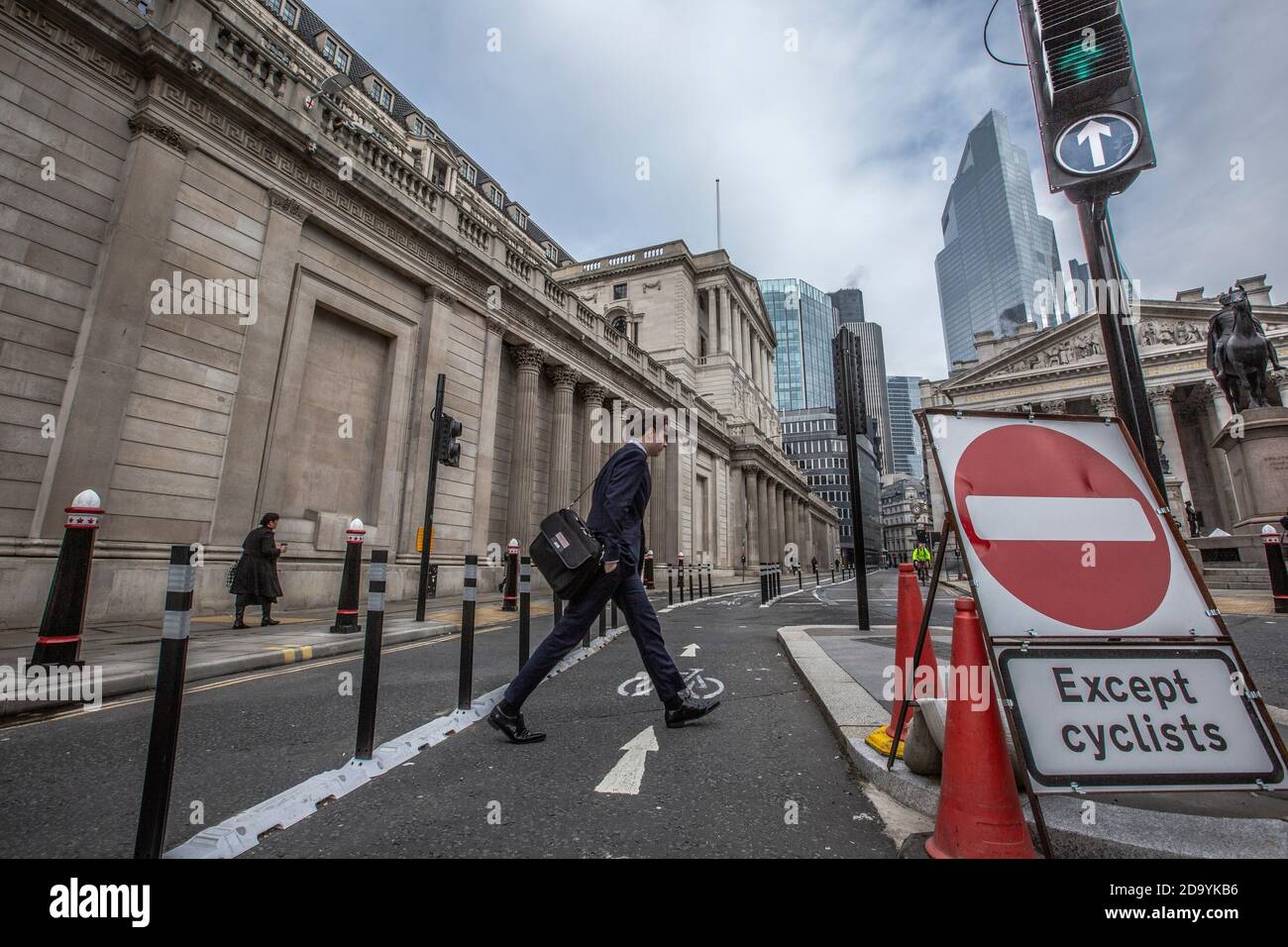 Quiet streets around Bank of England and Royal Exchange on first day of second coronavirus lockdown beginning on 5th November 2020, City of London, UK Stock Photo