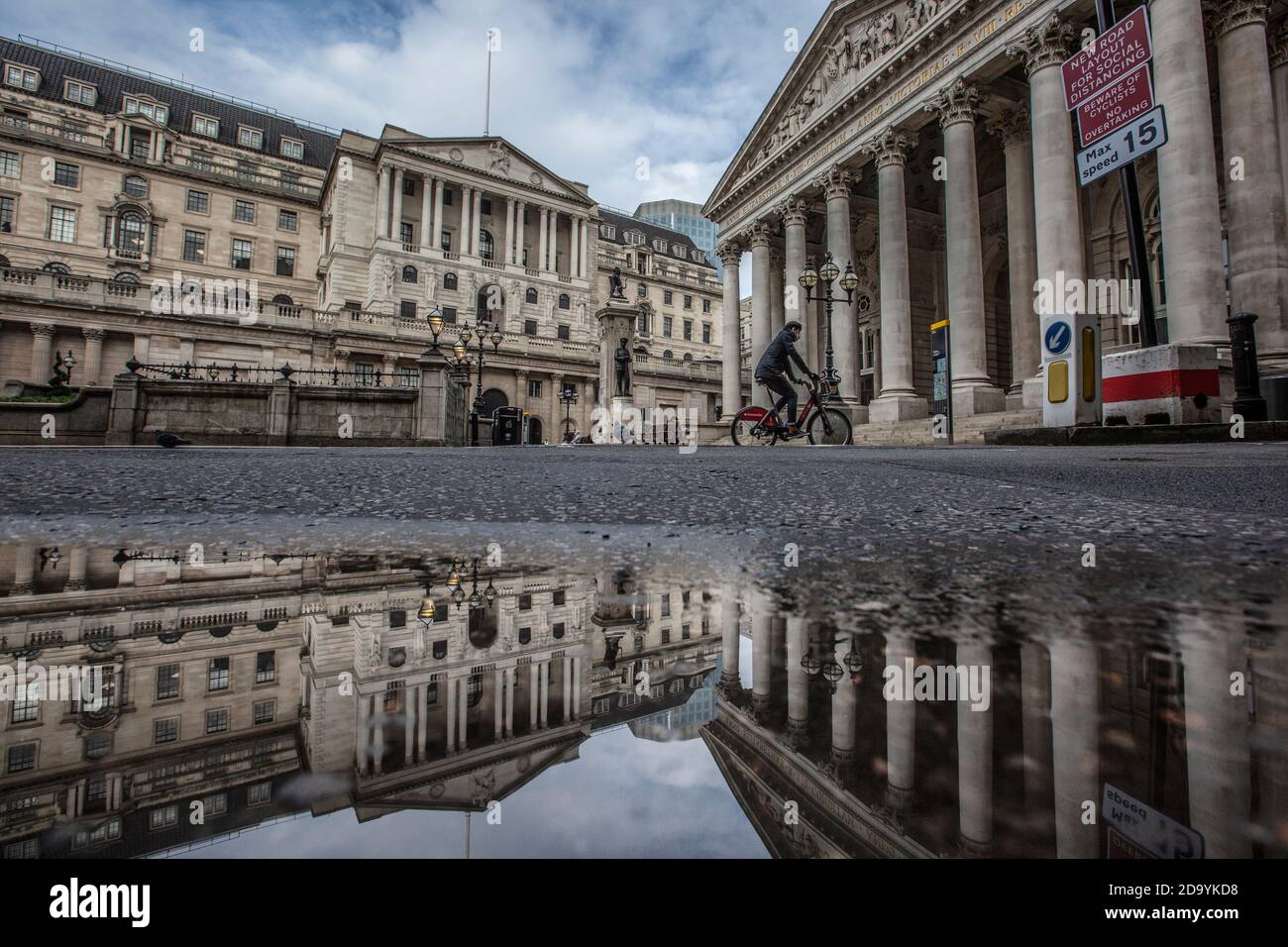 Quiet streets around Bank of England and Royal Exchange on first day of second coronavirus lockdown beginning on 5th November 2020, City of London, UK Stock Photo