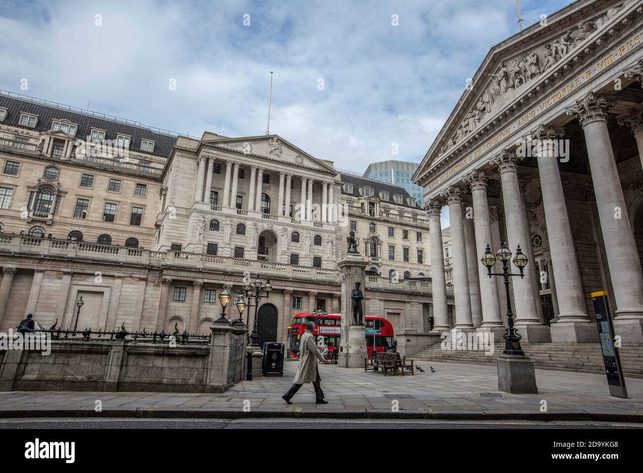 Quiet streets around Bank of England and Royal Exchange on first day of second coronavirus lockdown beginning on 5th November 2020, City of London, UK Stock Photo